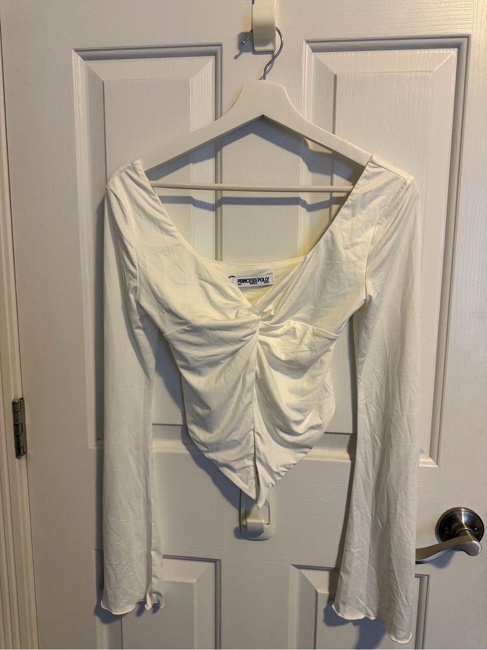 Princess Polly Cream Twist-Front Long Sleeve V-Neck Top